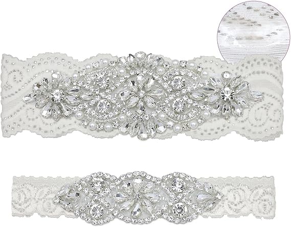GARGALA Wedding Garters for Bride with Non-Slip Silicone, Lace Bridal Garter Set with Clear Rhinestones Crystal Pearl