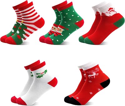 Christmas Socks Kids, 5 Pairs Toddler Girls Boys Crew Socks for 1-12 Years, Kids Children Xmas Holiday Sock