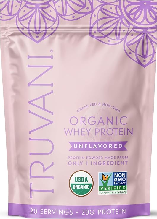 Truvani Organic Whey Protein Powder | Unflavored | 20 Servings | 20g Grass Fed Whey Protein | USDA Organic & Non-GMO | Gluten Free | No Gums, No Soy, No Stevia, No Added Sugars