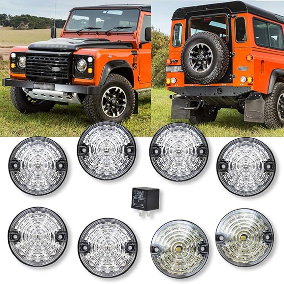 Defender LED Light Update Kit - Standard Size Amber Indicator Front Side Light Rear Stop Tail Light for La.nd Rov.er Defender 90/110 Total 8pcs 73mm Clear Lens LED Light
