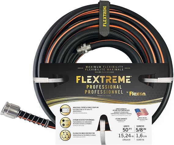 Flexon Flextreme Pro 5/8" x 50ft Performance Rubber Garden Hose Heavy-Duty, Kink-Resistant, All-Weather Flexibility, Industrial-Grade Couplings, Durable Outdoor Watering Hose for Lawn & Garden