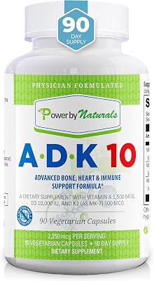 Power By Naturals ADK Vitamin Supplement ADK 10 High Potency with Vitamins A, D3 10,000 IU & K2 MK7 for Superior Heart, Immune & Bone Health Support 90 Capsules, 1 Pack 3-Month Supply
