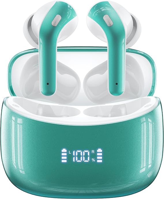 Wireless Earbuds, Bluetooth Ear Buds Headphones, 60H Long Playtime, Stereo Deep Bass, LED Power Display, IPX7 Sport Waterproof, Lightweight in-Ear Earphones with Mic for iPhone Android PC Royal Green