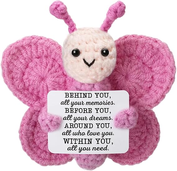Emotional Support Gift, Handmade Positive Crochet Butterfly with Card, Mini Inspirational Knitted Doll, Positive Crochet Animals for Home Office Car Decoration
