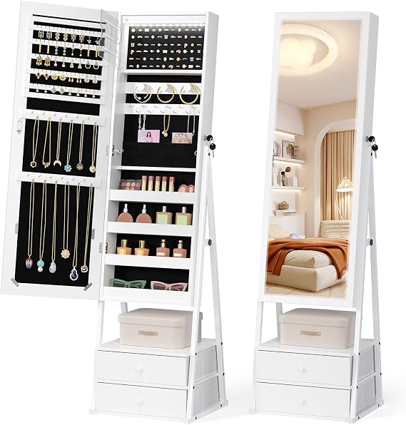 Bonnlo LED Jewelry Cabinet Armoire, Lockable Standing Mirror with Jewelry Storage, Full Length Mirror with 2 Drawers, Large Capacity Jewelry Organizer for Women, Gift Idea, White