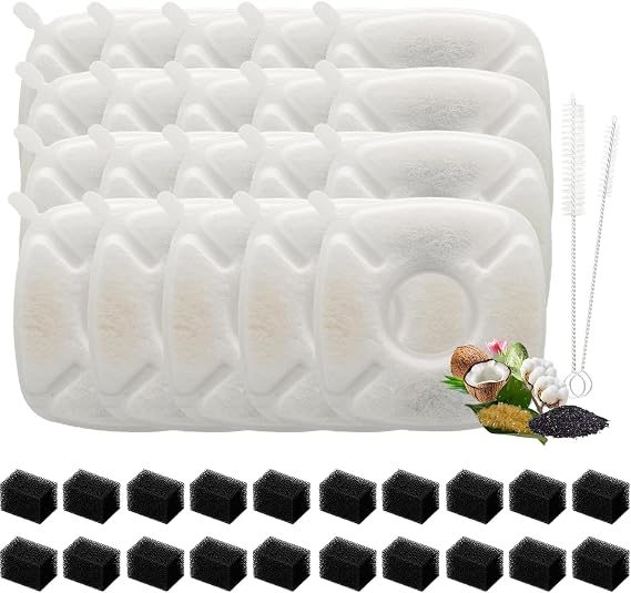 42 Pack(20 Replacement Filters+20 Pre-Filter Sponges+2 Brushes) Cat Water Fountain Filters Replacement,Compatible with VEKEN 67oz/2L,95oz/2.5L,135oz/4L Automatic Pet Fountain Cat Water Dispenser