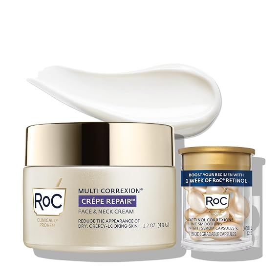 RoC Crepe Repair Face & Neck Firming Cream 1.7oz, Retinol + Hyaluronic Acid | Daily anti aging face moisturizer & neck cream, visibly reduce sagging, hydrate & smooth dry skin, with Retinol Capsules 7ct