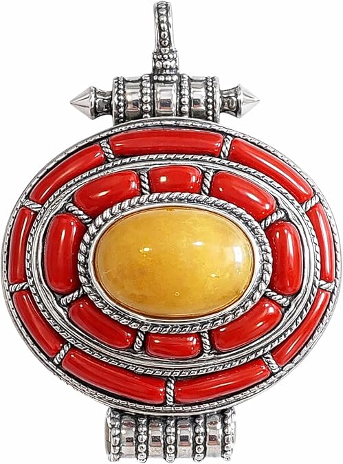 Tibetan Gau Box Pendant 925 Sterling Silver Coral & Amber Gemstone for Women & Men Handmade Pendant Ethnic Tribal Design Fashion Boho Designer Jewelry