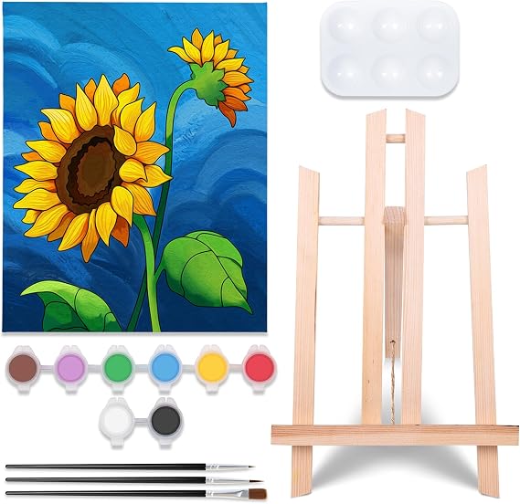 VOCHIC Paint and Sip kit Pre Drawn Canvas Painting Kit for Adults Kids, Canvas Painting Party Supplies Kit with Picture to Paint 1 Easel, 8 Acrylic Colors,3 Brush,1 Pallet Sunflower Art Set (8x10)