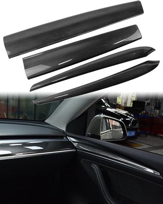 Dashboard Cover Wrap & Inner Front Door Trim Panel Armrest Cover Compatible with Tesla Model 3 2021-2023 Model y 2020-2025 (Glossy Carbon Fiber Pattern)