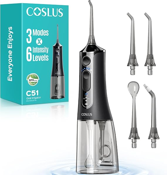 COSLUS ADA Accepted C51 Portable Water Flosser for Teeth: 3 Modes & 6 Pressure Settings with Jet Mode Water Dental Pick for Orthodontic, Braces, Sensitive Gums, Compact for Travel, for Multiple Users