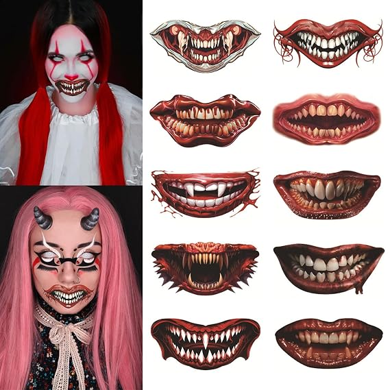Halloween Clown Horror Mouth Tattoo Stickers Prank Makeup Waterproof Temporary Tattoos 10 Sheets Zombies Vampires Face Decals Prank Props for Cosplay Party DIY Decorations Masquerade Props
