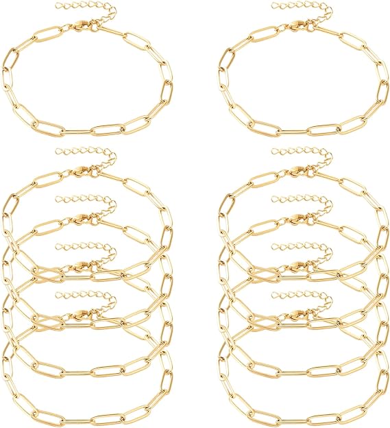 Exway 10 Pcs Paperclip Charm Bracelets Chain 6.5 Inch Stainless Steel Gold Chain Bracelets Kit with Lobster Clasps for Crafts DIY Women Jewelry Making