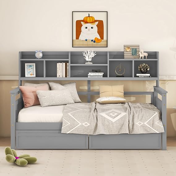 Twin Size Daybed, Wood Daybed Frame with Bedside Storage Shelf and 2 Drawers, No Box Spring Needed (Grey-at)