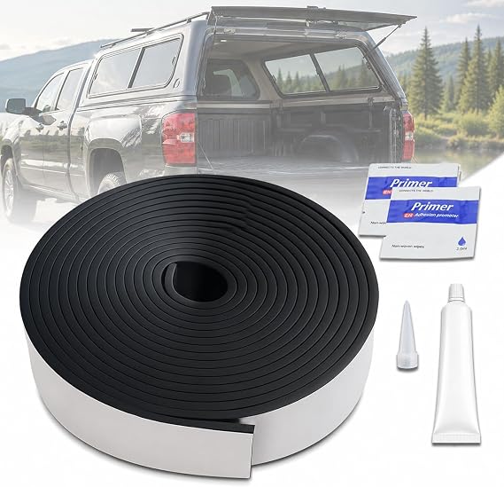 Camper Shell Seal 23FT, Truck Topper Seal for Truck Cap 200 lbs or Less (2" W x 0.2" H), Heavy Duty EPDM Rubber Truck Cap Seal Kit with Adhesive Backing, Includes 30ml Sealant & 2 Primers