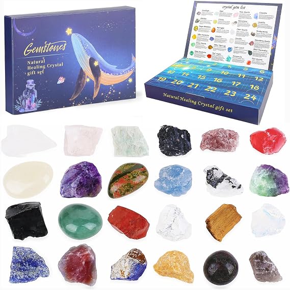 Crystal Advent Calendar 2025,24 Days Natural Crystal Gemstones Fossils Geographic Advent Calendars Crystals and Gemstones Rock Collection Enthusiasts Gifts for Women Men Adult Xmas
