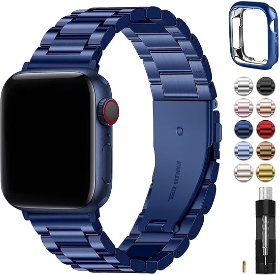 Fullmosa Metal Band with Case for Apple Watch 45/44/42mm | Fits iWatch Series 9/8/7/6/5/4/3/2/1,SE3/2/1,Stainless Steel Strap for Men Women Professional Office Blue