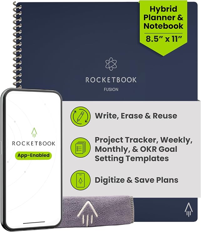 Rocketbook Fusion Hybrid Reusable Planner Notebook, Executive 6x8.8, Blue