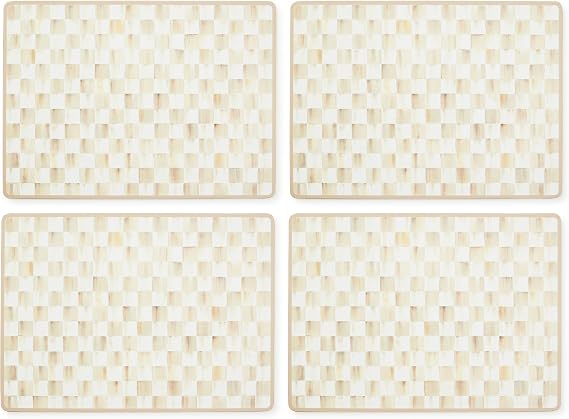 MACKENZIE-CHILDS Cork-Back Placemat Set, Brown-and-White Mocha Check | Hand-applied design, made from MDF with cork backing, decorative hard-finish table mats, 11.5" W x 15.7" L, set of 4