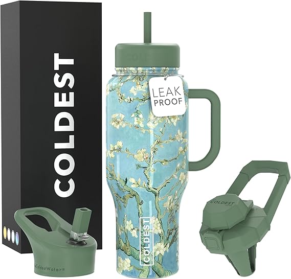 Coldest Tumbler with Handle and Straw - 100% Spill Proof Tumbler with Straw (3 Lids) - Stainless Steel Insulated Leakproof Tumblers for Women & Men - 36 oz (Almond Blossom)