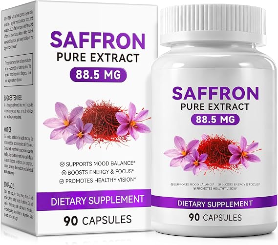 Saffron Supplements,100% Pure Saffron Extract Capsules 88.5 mg,Mood,Focus,Vision,Energy Support,Eye Health, 90 Capsules,3 Month Supply