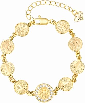 Women's Gold Virgin Mary Bracelet - 14K Gold Plated Catholic Bracelets,Non Tarnish Adjustable Golden Religious Virgen De Guadalupe Jewelry, Catholic Baptism Confirmation First Communion Gifts for Her