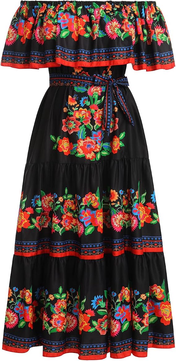 Women Traditional Mexican Dress Off Shoulder Floral Fiesta Folklorico Dresses Tropical Bohemian Maxi Long Sundress