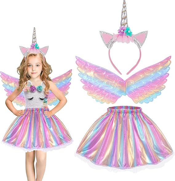 Hifot Unicorn Costumes for Girl, Unicorn Birthday Tutu Dress with Unicorn Wings Headband for Christmas Gifts Party Outfit