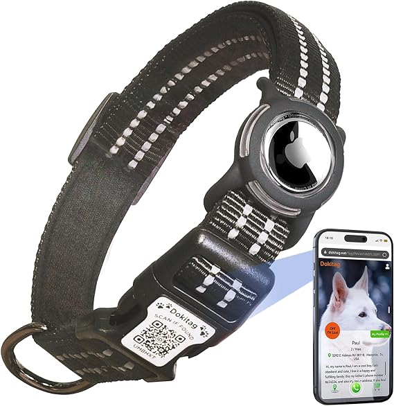 Reflective Dog Collar with Apple AirTag Holder & QR Code Pet ID Tag,Soft Nylon Adjustable Dog Tracker Collar with Safety Lock for Small Dogs(Black, S)