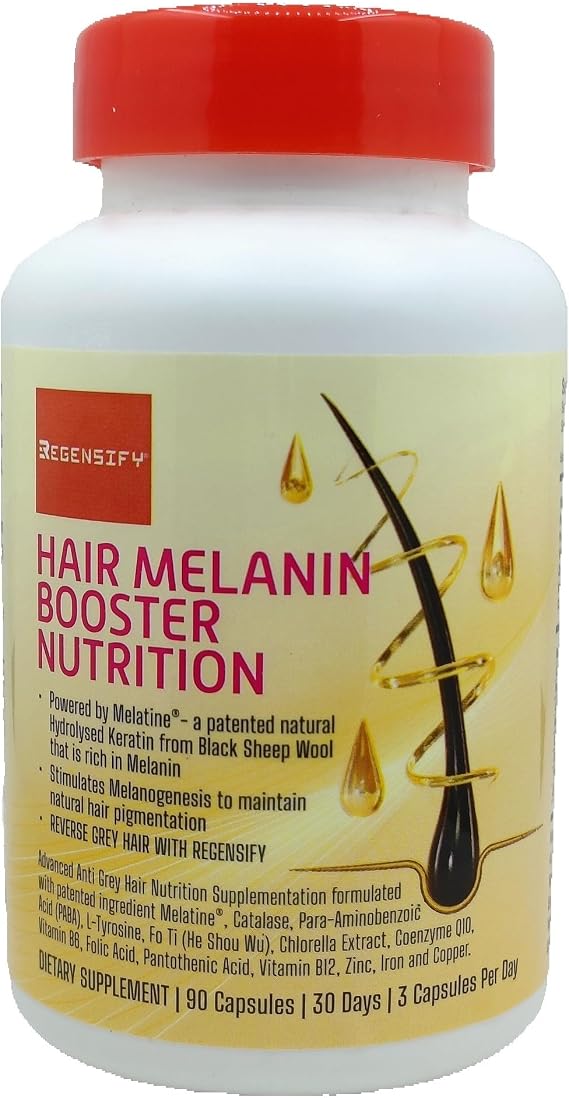 Hair Melanin Booster Nutrition [Anti Grey Hair Supplement for Men & Women | Melatine, Catalase, PABA, L-Tyrosine, He Shou Wu, Chlorella Extract, CoQ10, Folic Acid, Pantothenic Acid]
