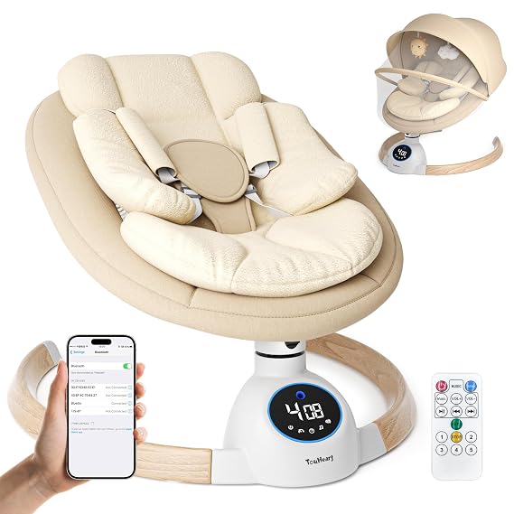 Electric Baby Swing for Infants, Bluetooth Music, 5 Swing Speeds, 3 Timer Settings, Remote & Touch Control, Washable Seat, Canopy wMosquito Net, Newborn Gift, 0-9 Months Max 20lb, Khaki
