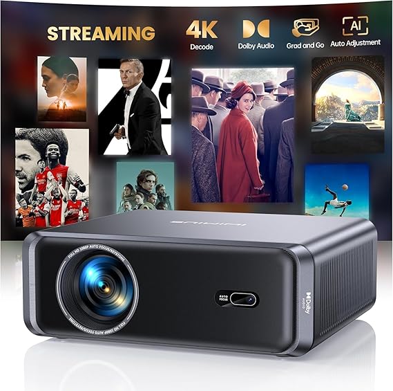 Smart Outdoor Projector with WiFi6 and Bluetooth, 4K Supported Movie Projector, DoIby Audio w/ HDMI ARC, Built-in Apps, AI Auto Focus, Portable Home Proyector P65 (Gray, Standard)