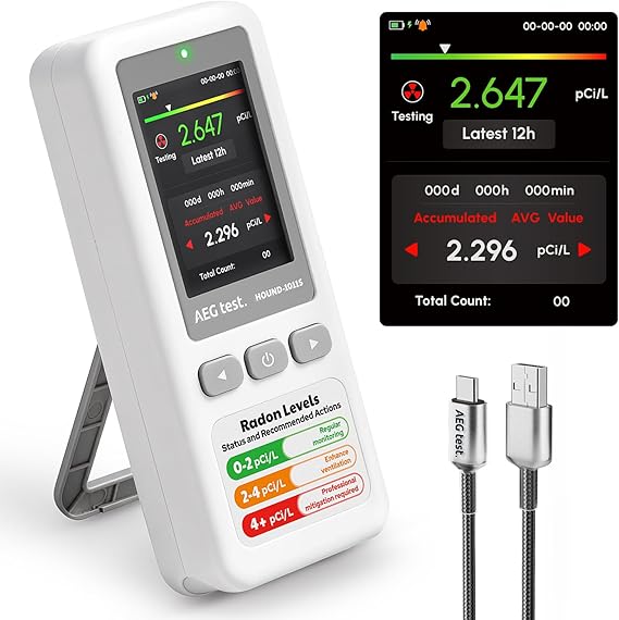 HOUND-1011S Portable Radon Detector, High-Accuracy Sensor for Home, Lightweight, Audible & Visual Alarms, Long-Term Monitoring, Easy-to-Use Radon Tester in pCi/L or Bq/m3 for Basement