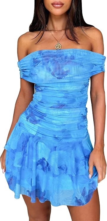 Kaximil Women's Off The Shoulder Floral Corset Mini Dress | Sexy Ruffle Hem Ruched Short Going Out Cocktail Party Dresses
