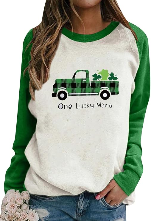 Woman St. Patrick's Day Long Sleeve Shirt Casual Loose Clover Graphic Print Sweatshirts