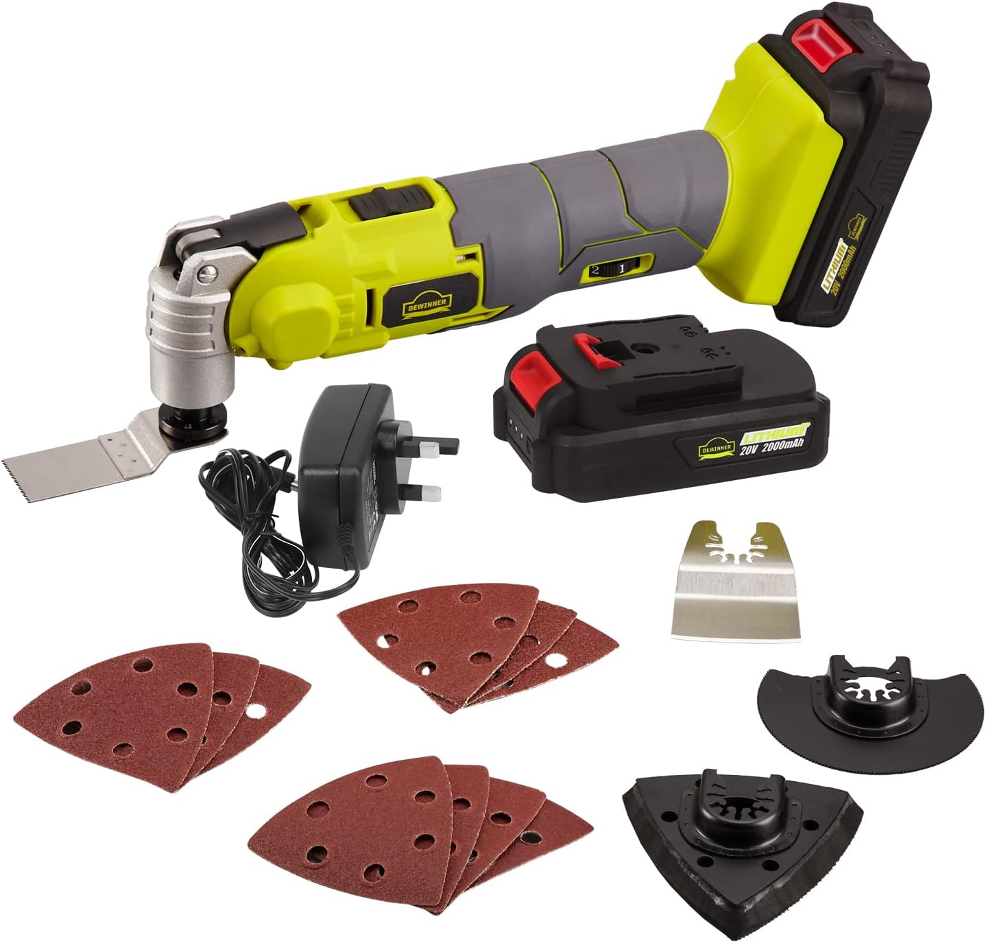 Cordless Oscillating Multi-Tool, DEWINNER 20V 2Ah Lithium-Ion, LED Variable Speed Universal Fit, Battery and Charger Include, 15-Piece Kit