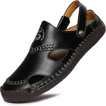 Mens Closed Toe Leather Sandals, Soft Breathable Shoes Beach Roman Sandals, Summer Outdoor Casual Fisherman Walking Shoes, Black-38