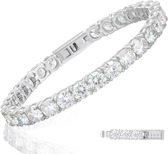 4.8-21 Carat Moissanite Tennis Bracelet Simulated Diamond Bracelet for Women 18K White Gold Plated 925 Sterling Silver Mens Bracelet 3/4/5mm D Color VVS1 Round Brilliant Cut Simulated Moissanite Classic Bracelet Charm