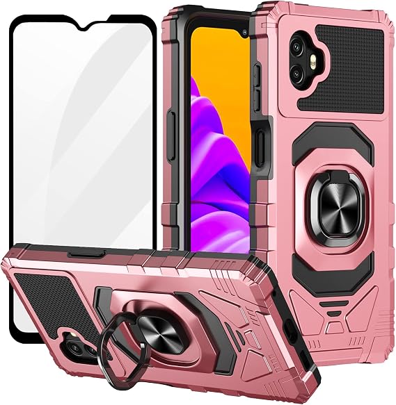 Ailiber Case for Samsung Galaxy Xcover6 Pro, Samsung Xcover6 Pro Screen Protector, Ring Kickstand for Magnetic Car Mount, Shockproof Rugged Protective Phone Case for Xcover 6 Pro-Rose Gold