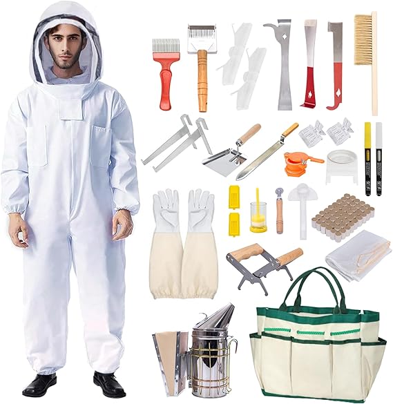 31Pcs Beekeeping Supplies Tools Kit with Bee Suit, Bee Keeping Supplies All Include Bee Marking Pen Bee Smoker Beehive Frame Holder Bee Frame Grip, Beekeeping Starter Tool Set for Beekeeper (XXL)