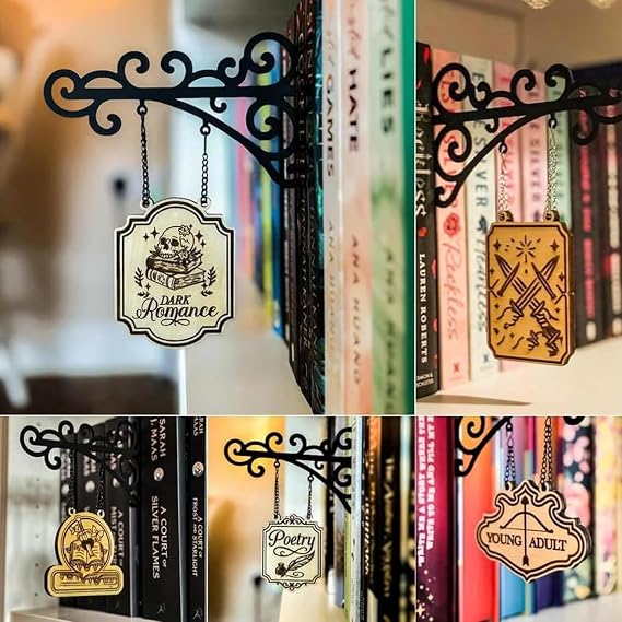 Book Nook Tavern Signs Genre Shelf Labels with Hanging Brackets, Tavern-Style Book Nook Decor, Bookshelf Genre Signs for Home Library Book Dividers for Shelves,Home Library Book Dividers for Shelves (ALL)