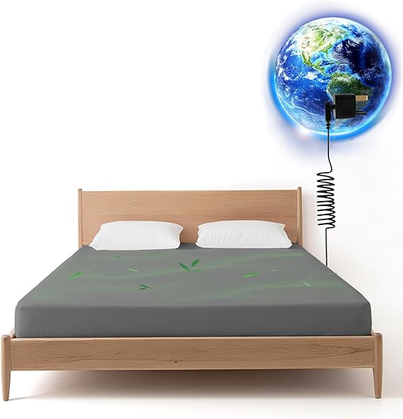 Grounding Bed Sheet with 10% Silver Fiber &amp; 90% Organic Cotton, 180x200cm | Grounding Mat Earthing Sheet with UK Plug &amp; Cord for Better Sleep, Natural Wellness, Healthy Earth Energy, Grey