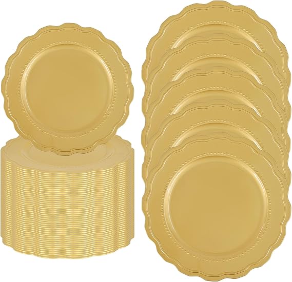 Pesonlook 50 Pack Charger Plates Gold Round Beaded Lace Dinner Plates 13 inch Decorative Plastic Table Chargers for Wedding, Party, Dinner, Ceremony Banquet