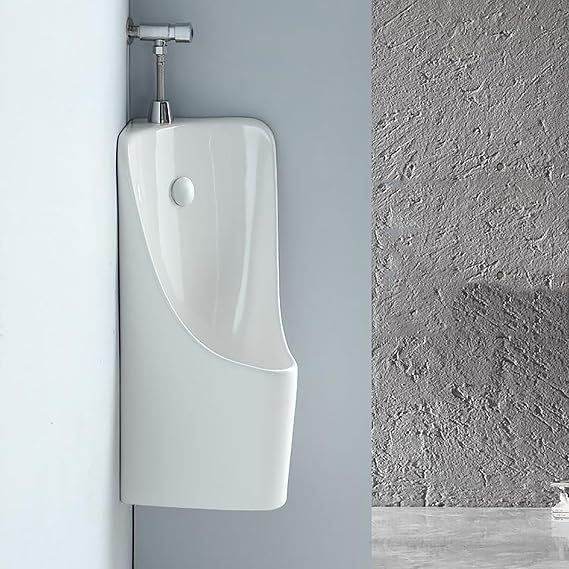 Corner Urinal for Men Wall Mounted - Ceramic Mens Urinal with Manual Flush Valve, Spill-Proof High-Edge Guard & Odor-Resistant Ceramic Cover for Home, Small Bathroom, Garage and Commercial(White)