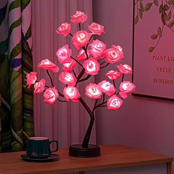Rose Flower Tree Lamp, LED Rose Bedside Table Lamp Battery Powered or USB Adapter, Nightstand Lamp for Living Room, Bedroom, Office Gift for Mothers Day Anniversary Birthday (Pink)