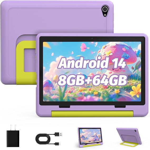 Kids Tablet|Upgraded Android 14 Tablet 10 inch for Kids with Protective Case|Octa-Core|8+64GB 1TF Card Expandable|Dual Camera|Parental Control|Pre-intalled KIDOZ|Great Gift for Toddler (Purple)