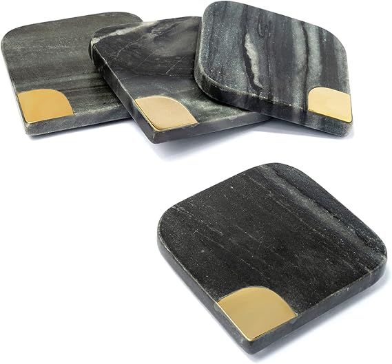 Marble Collection 4 Pc. Square Coasters - Brass Inlay