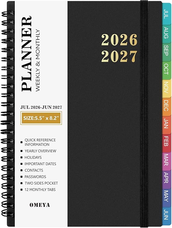 Agenda 2026-2027: Planner Weekly and Monthly, Jul-Jun, 5.5 x 8.2 in, Black
