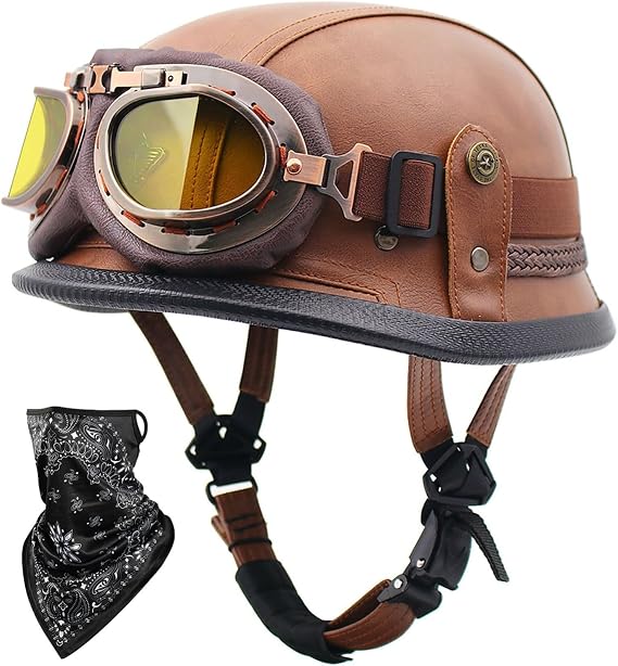 Vintage Motorcycle Helmet Leather Open Motorbike Half Helmet with Goggles and Face Towel Adult Men Women Half Shell Helmet DOT/ECE Approved Scooter Cruiser Moped 11,M(56-57CM)
