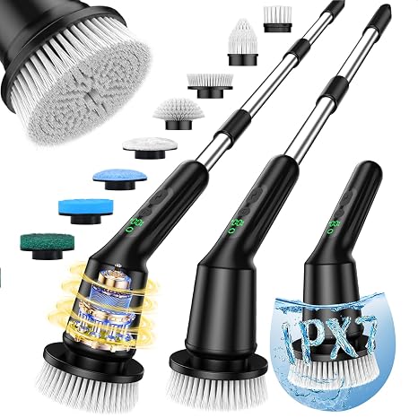 Electric Spin Scrubber for Bathroom, Shower Scrubber with Long Handle | Shower Cleaner Brushes, IPX7 Waterproof & 2 Speed, 8 Brush Heads, 90min Runtime, Bathroom Cleaning Supplies for Toilet Tub